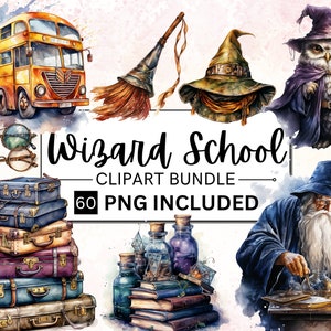 60 Watercolor Wizard School Clipart Bundle, Magic Wizard School PNG, Witchcraft, Wizardry, Wand, Potion, Instant Download, Commercial Use