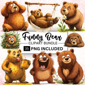 35 Funny Bear Clipart Bundle, Woodland Animals PNG, Quirky Brown Bear, Nursery Animals, Baby Shower Clipart, Forest Animals, Commercial Use