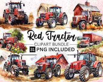 Watercolor Farm Red Tractor Clipart, 31 PNG Bundle (Commercial License)