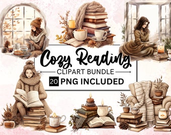 Watercolor Cozy Reading Clipart Bundle, Book Lover PNG (Digital Download)