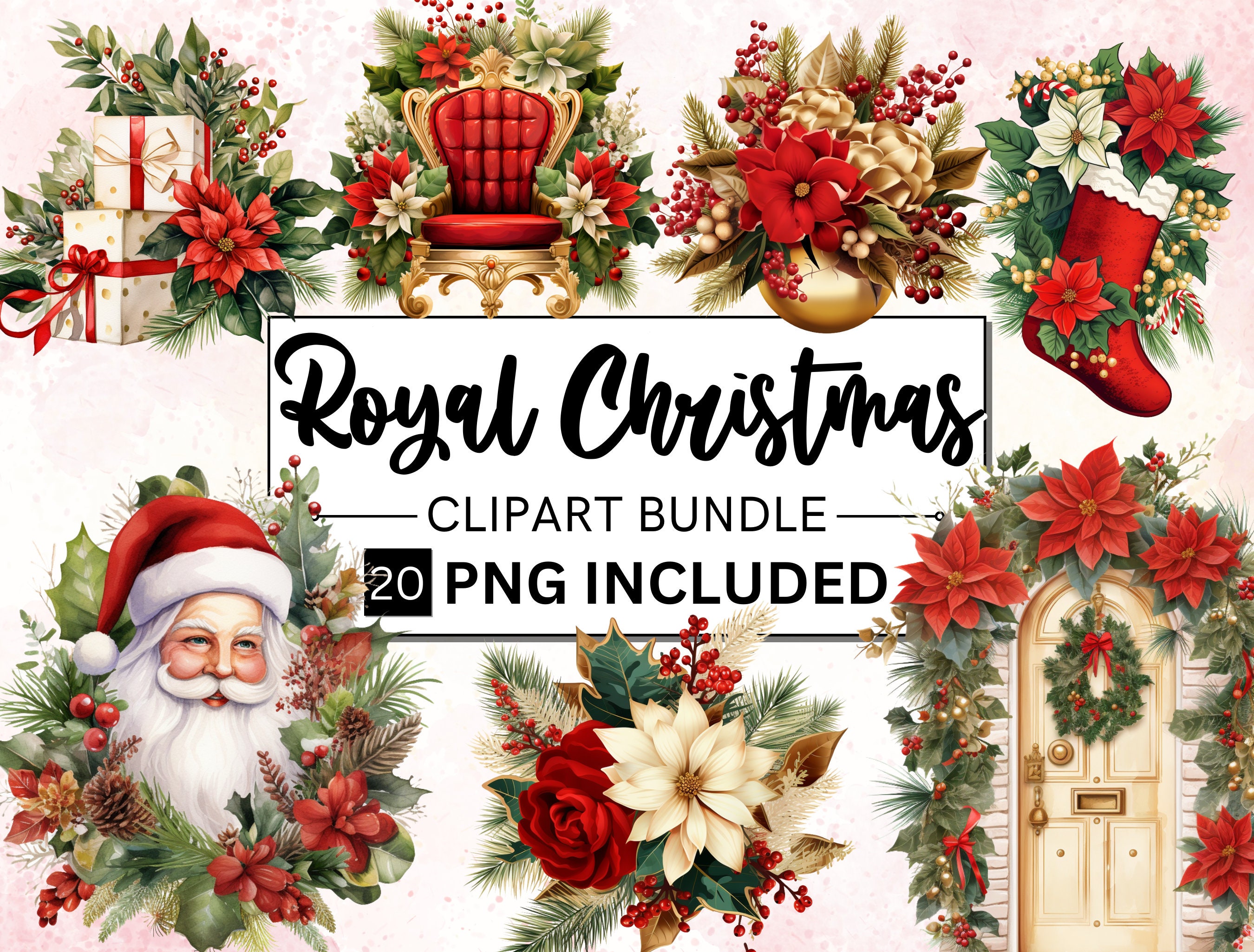 20 Royal Christmas Clipart Bundle, Christmas Collection Clipart, watercolor cozy winter, Xmas clipart, Christmas Ornaments Wreaths Clipart,