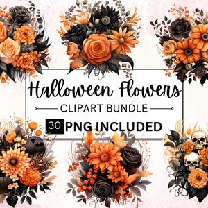 30 cliparts aquarelle fleurs Halloween, clipart floral, fleurs oranges, clipart fleurs noires, sur le thème d'Halloween, usage Commercial