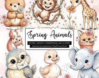 30 Spring Animals Clipart Bundle, Whimsical Woodland PNG, Cute Spring Illustrations, Watercolor Woodland Animals Cliparts, Nursery Designs
