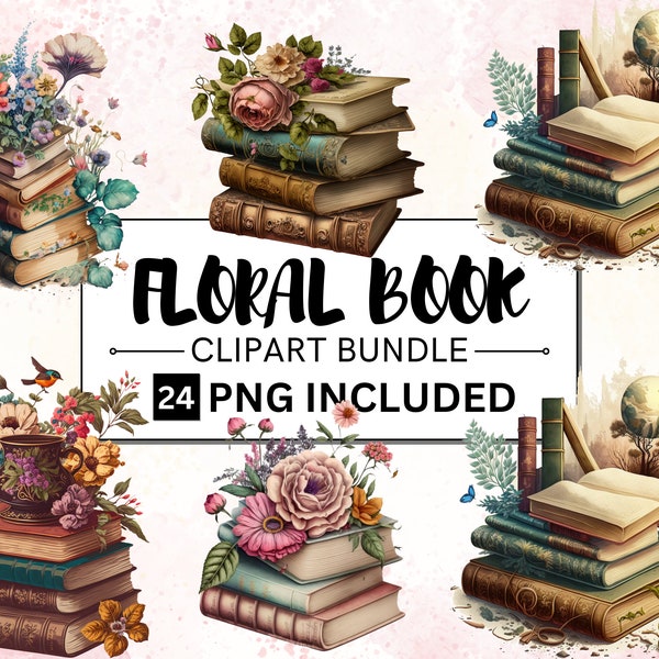 24 PNG Watercolor Floral Books Clipart, Book Bundle Clip Art PNG, Retro vintage books stacklibrary old books clip art, Book lover PngClipart