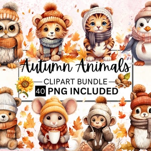 Paquete de 40 animales de otoño, imágenes prediseñadas de otoño, PNG de animales de otoño, sublimación de otoño, álbum de recortes, diario basura, manualidades de papel, imágenes prediseñadas de acuarela