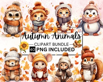 40 Autumn Animals Bundle, Fall Autumn Cliparts ,Fall Animal PNG,Autumn Sublimation,Scrapbook, Junk Journal, Paper Craft, Watercolor Cliparts