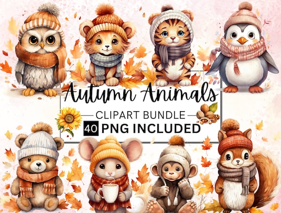 40 Autumn Animals Bundle, Fall Autumn Cliparts ,Fall Animal PNG,Autumn Sublimation,Scrapbook, Junk Journal, Paper Craft, Watercolor Cliparts