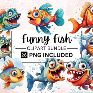 26 Funny Fish Clipart Collection, Quirky Fish, Fishing Clipart PNG, Fishing theme Watercolor, Commercial Use, Scrapbooking, Card Making