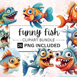 26 Coleção de clipart de peixes engraçados, peixes peculiares, clipart de pesca PNG, tema de pesca aquarela, uso comercial, álbum de recortes, criação de cartões