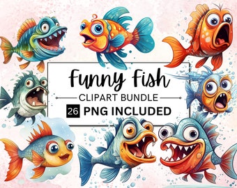 Divertenti clipart di pesci ad acquerello, pacchetto PNG originale (26 immagini)