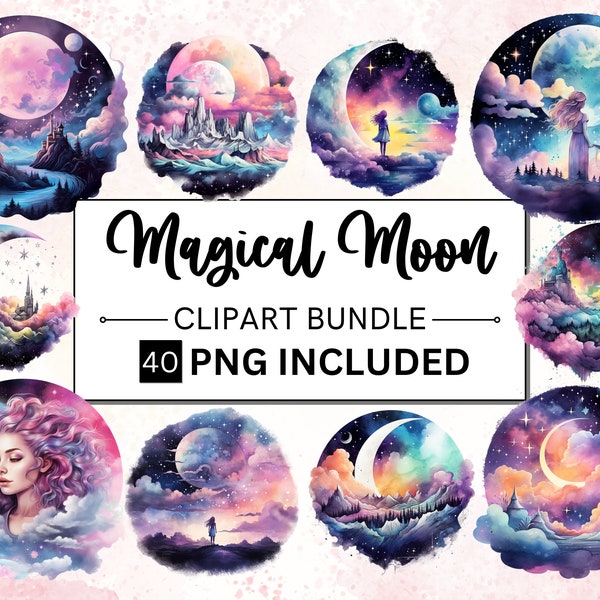 40 PNG Dreamy Moons Watercolor Clipart Bundle, Fantasy Fairytale Enchanting Moon Art, Crescent Moons, Digital Download Commercial Use