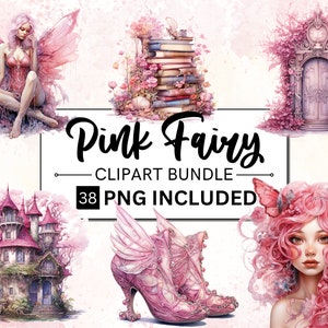 May include: Pink fairy clip art bundle with 38 PNG images. The bundle includes a fairy with pink wings, a fairy with pink hair, a pink fairy house, a pink fairy door, and a pair of pink fairy shoes.