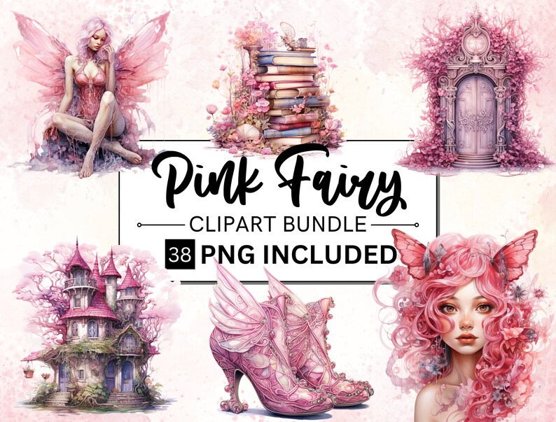 May include: Pink fairy clip art bundle with 38 PNG images. The bundle includes a fairy with pink wings, a fairy with pink hair, a pink fairy house, a pink fairy door, and a pair of pink fairy shoes.