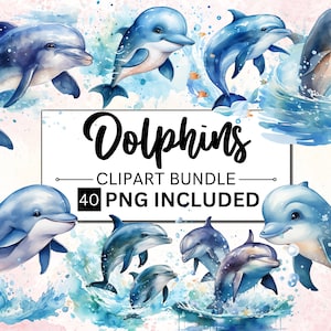 40 Pacote de clipart de golfinhos em aquarela, animais marinhos PNG, clipart de duo de golfinhos, artesanato de papel | Diários indesejados | Impressões Digitais | Uso comercial