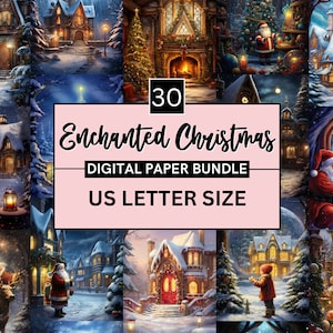 30 Printable Enchanted Christmas Digital Paper, Christmas Santa Background, Winter Landscape Backdrop, Download Junk Journal, Scrapbooking