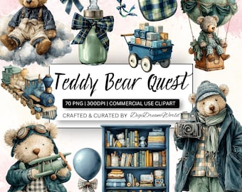 70 Teddy Bear Clipart Bundle, Adventure Bear PNG, Nursery Clipart, Baby Shower Clipart, Kids Story Clipart, Vintage Bear PNG Commercial Use