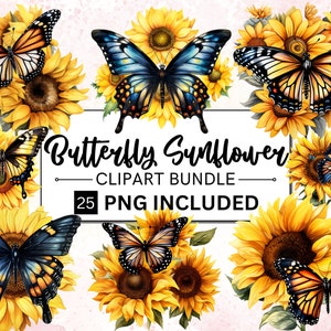 25 Pacote de PNG de girassol de borboleta em aquarela, arte botânica de girassol em aquarela, criação de cartões, registro no diário, artesanato em papel digital, PNG digital