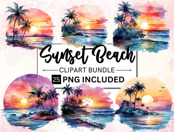 25 Watercolor Tropical Sunsets Beach Clipart, Colorful Background Beach Life PNG, Vacation Scenery, Ocean Beach, Tropical Morning Sunset