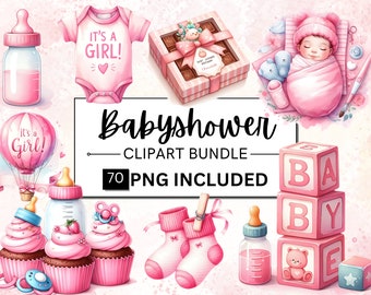 70 Bundle de cliparts baby shower fille, décoration de chambre d'enfant rose PNG, clipart bébé fille rose doux, Baby Shower PNG, baby shower Boho, téléchargement numérique