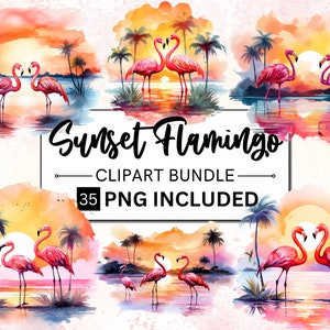 35 Watercolor Flamingo Beach Sunset Clipart, Flamingo Sublimation Designs, Tropical Pink Flamingo Sublimation Designs, Ocean Sunset Png