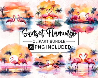 Watercolor Flamingo Sunset Clipart, Tropical Beach Designs (PNG)