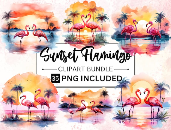 35 Watercolor Flamingo Beach Sunset Clipart, Flamingo Sublimation Designs, Tropical Pink Flamingo Sublimation Designs, Ocean Sunset Png