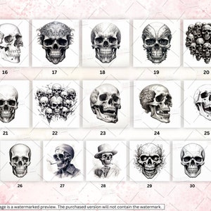 May include: A set of 30 black and white skull illustrations. The skulls are drawn in a variety of styles, including realistic, cartoonish, and stylized. Some of the skulls are wearing hats or bandanas.