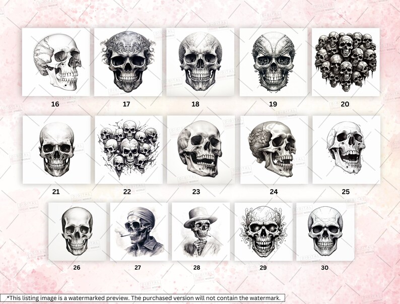 May include: A set of 30 black and white skull illustrations. The skulls are drawn in a variety of styles, including realistic, cartoonish, and stylized. Some of the skulls are wearing hats or bandanas.