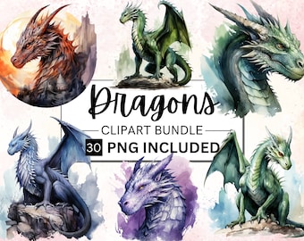 Imágenes prediseñadas de dragones en acuarela, imágenes PNG de fantasía (30 archivos)