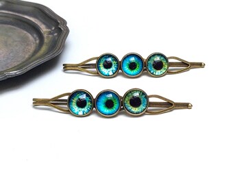 Bronze Hair Clips with Glass Eyes, Quirky Hair Accessories with Round Cabochons, Weird Halloween Bobby Pin Set