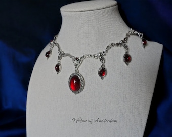 Renaissance necklace with red glass ornaments and drop pendants - Regal Widow of Amsterdam