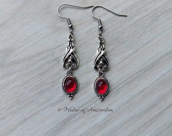 Gothic Bat Earrings: Vampire jewelry with blood-red Victorian glass charms.