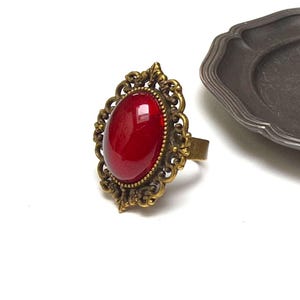 Bronzen Vampierring - Bloedrood glas -Victorian Gothic - Verstelbaar