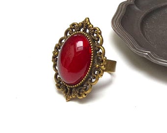 Bronze Vampire Ring - Blood-red glass - Victorian Gothic - Adjustable