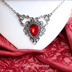 A Vampire In The Dark Night: Victorian Gothic necklace with a red drop crystal and ornate vintage style filigree details