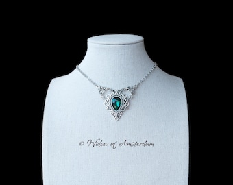 Enchanted Forest Necklace: Elven necklace with ornate filigree and emerald green glass teardrop crystal.