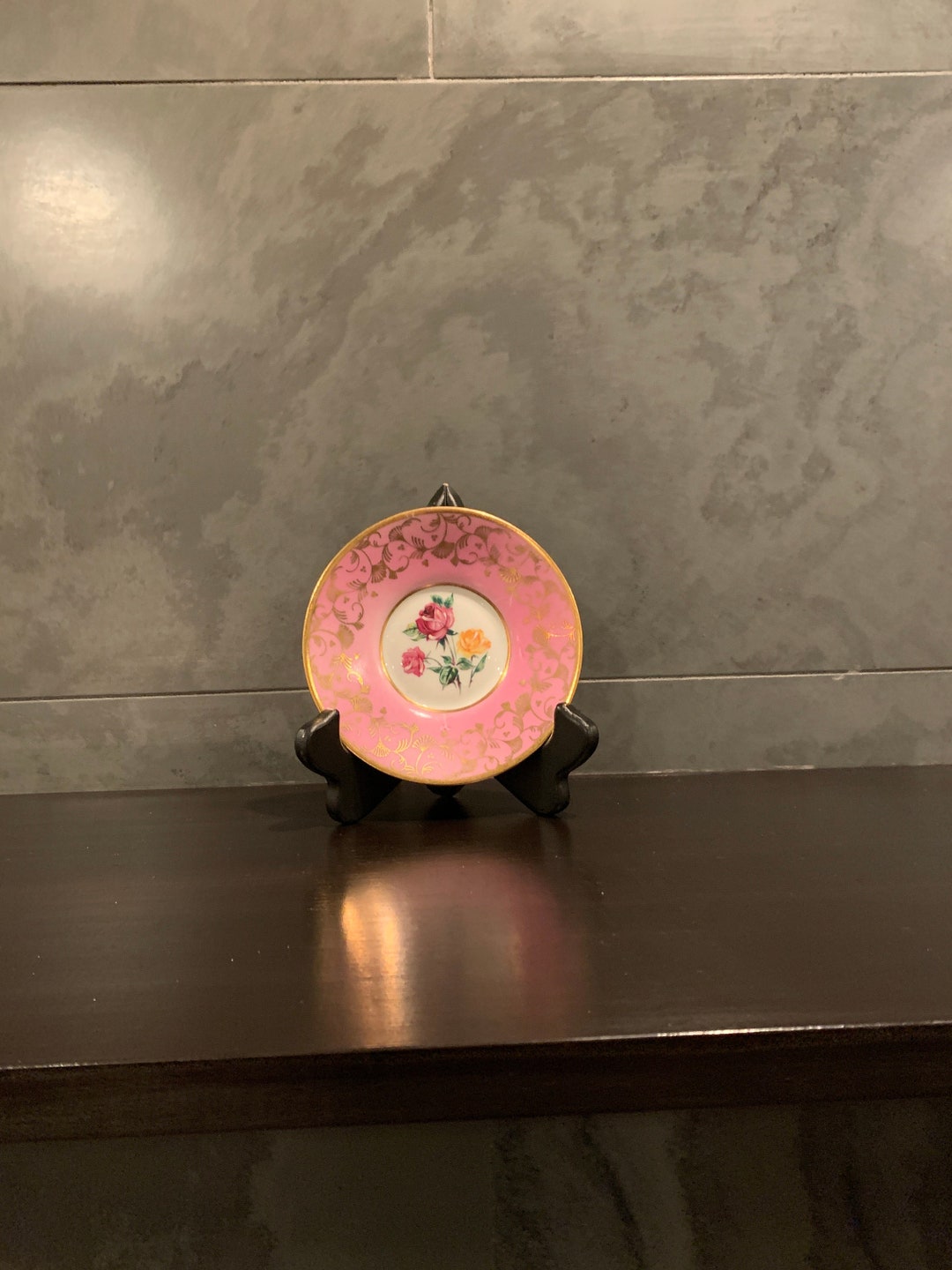 Vintage 1800's Limoges Rehausse Main Pink Gilt Floral Porcelain Saucer