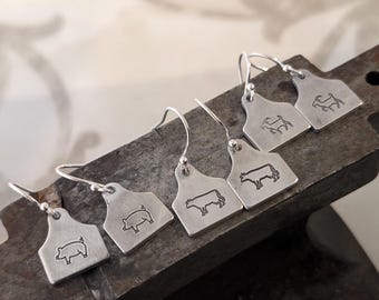 Choose your Own Ear Tag Earrings | Blue Pig | Sterling Silver | Aluminium Copper Brass | Cow Sheep Paw Goat Duck Goose Pig Dog Donkey Cat