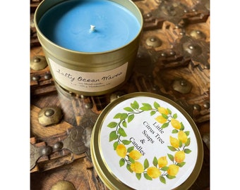 Salty Ocean Waves Soy Candle: Aromatherapy in Gold Tin