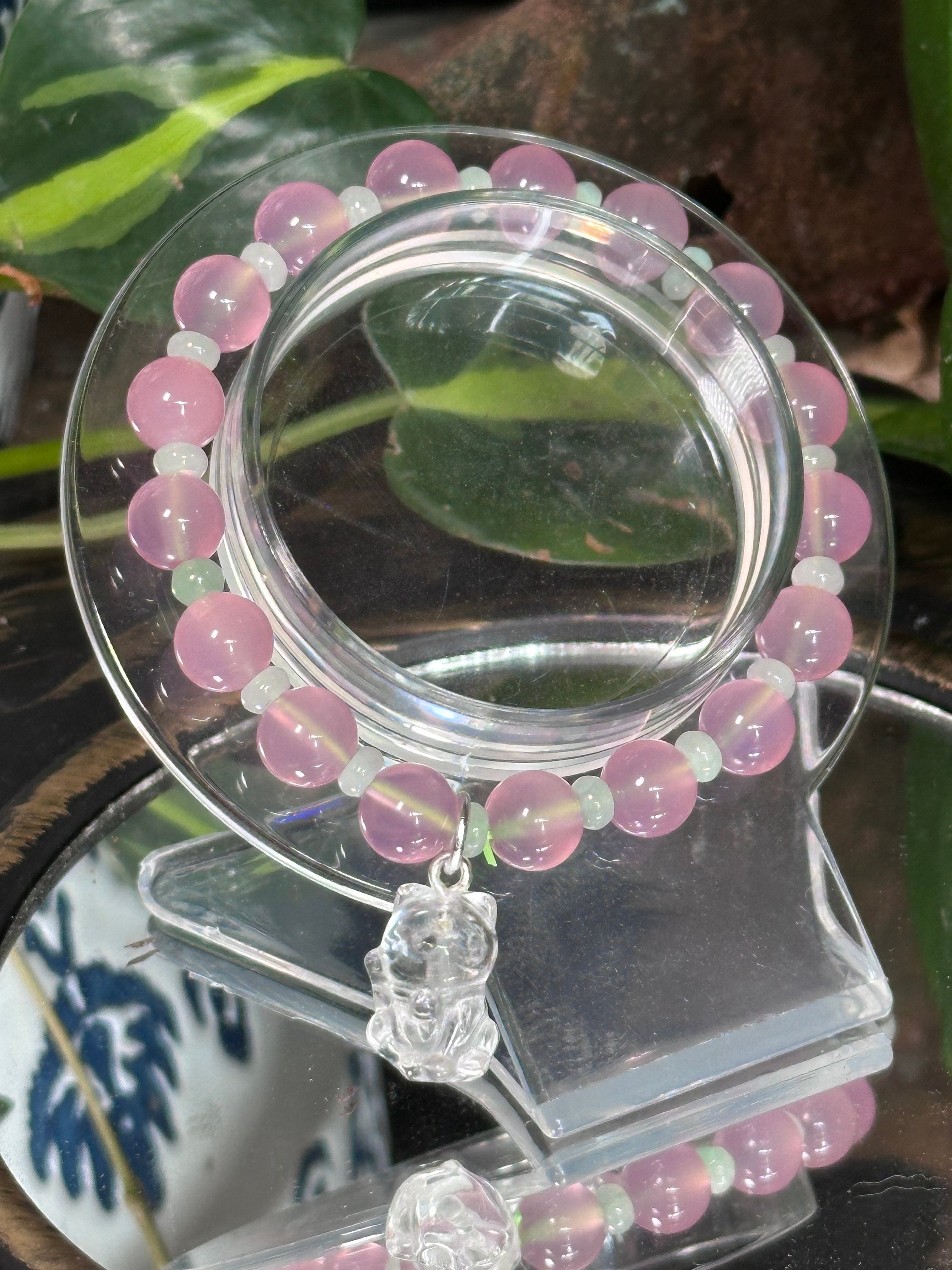 Pink chalcedony, apple green jade and clear quartz Lucky cat beaded stretch bracelet. 6 inches