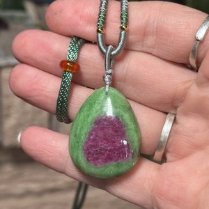 Ruby and sparkly zoisite pendant on adjustable cord necklace