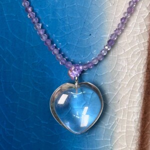 Clear quartz heart pendant on amethyst beaded necklace 16.5-18-5 adjustable