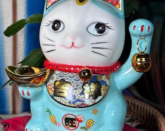 Choose red or seafoam blue/ green Porcelain Ceramic Lucky cat. Money cat, Fortune cat. coin bank