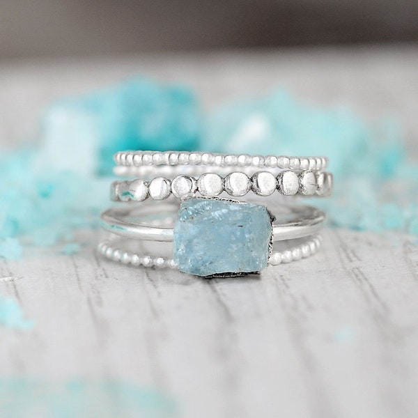 Raw Aquamarine Ring, Set 4 Ring, Solid 925 Silver Ring, Statement Ring, Rough Stone Ring, Gemstone Ring,Bohemian Jewelry, Aquamarine Jewelry