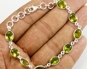 Natural Peridot Bracelet, Handmade Bracelet for Women, 925 Sterling Silver Bracelet, Oval Peridot Bracelet, Wedding Bracelet, Boho Bracelet