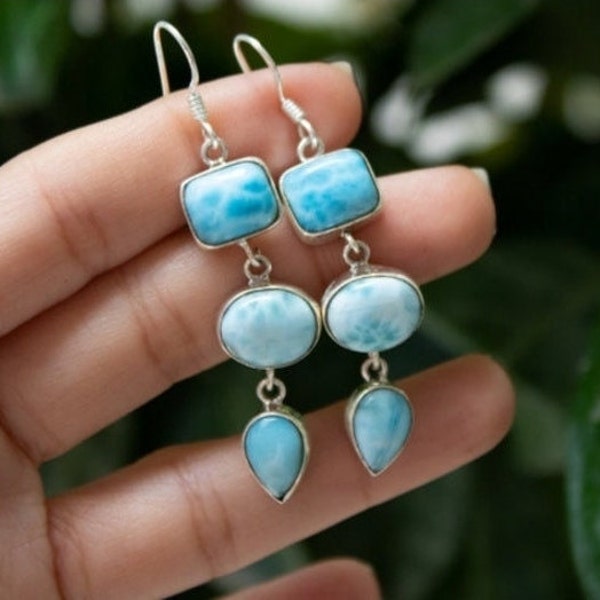 Larimar Earring, Dainty Earring, Women Earring, 925 Silver Earring, Gemstone Earring, Three Stone Earring, Larimar Jewelry, Vintage Earring