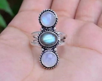 Natural Moonstone, Labradorite Ring, Handmade Ring, Designer Ring, Gemstone Ring, 925 Silver Ring, Statement Ring, Promise Ring, Women Ring