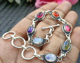 Natural Multi Stone Bracelet, Handmade Bracelet, Gemstone Bracelet, 925 Silver Bracelet, Moonstone, Labradorite, Garnet, Carnelian, Amethyst