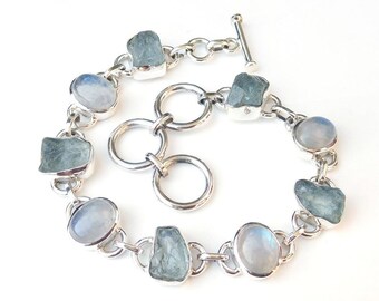 Raw Aquamarine Bracelet, Moonstone Bracelet, Adjustable Bracelet, Natural Moonstone, Sterling Silver Bracelet, Charm Bracelet, Boho Bracelet