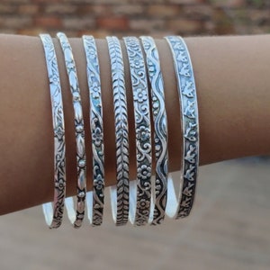 Set of 7 Bangles/Leaf&fish Designer Bangles/Half Round Bangles/925 Sterling Silver Bangles/7 Day Bangles/Boho Jewels/3mm,4mm,5mm Bangles